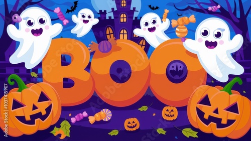 A festive Halloween scene featuring cheerful ghosts, pumpkins, and candy, perfect for seasonal decorations and party invitations.