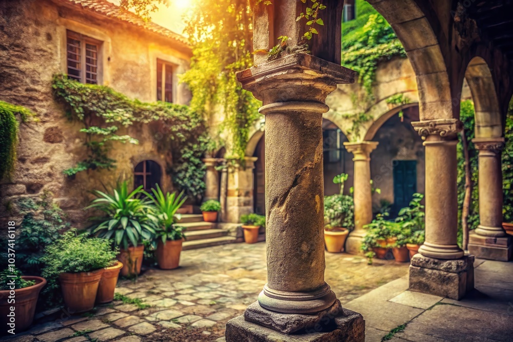 Fototapeta premium Vintage Style Photography of a 3D Old Stone Column in a Quaint European Setting