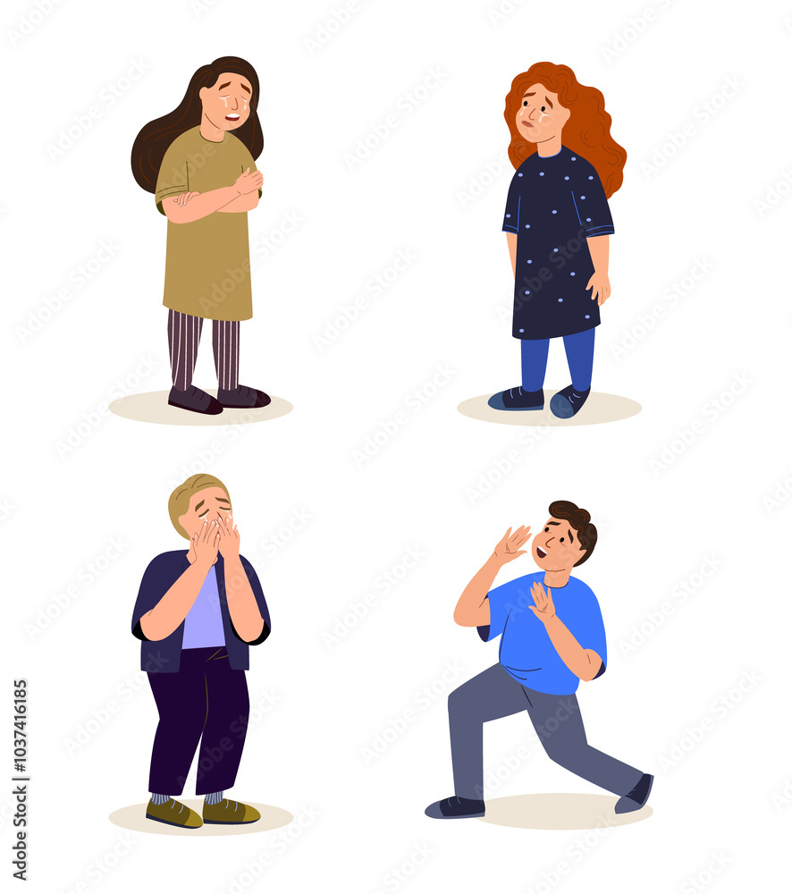 Set of terrified,dissapointed Little Sad Children.Scared Boys and Girls with psychological trauma in depressed condition.Alone Helpless Frightened Kids needing a support.Flat vector Illustration Set of terrified,dissapointed Little Sad Children.Scared Boys and Girls with psychological trauma in depressed condition.Alone Helpless Frightened Kids needing a support.Flat vector Illustration