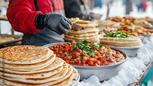 Russian street food vendor in Moscow selling blinis and borscht, traditional market with snowcovered stalls,  Russia street food, cultural depth