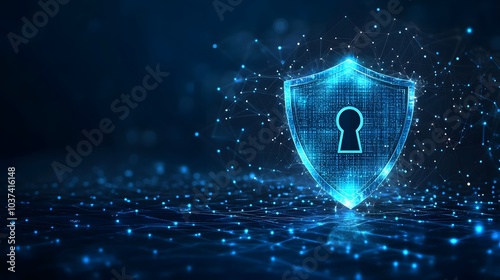 Cybersecurity concept with digital shield and keyhole, network data protection, glowing connections