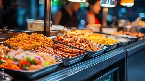 Singaporean hawker center, food stalls selling satay and laksa under bright fluorescent lights, lively urban atmosphere,  Singapore street food, modern yet traditional
