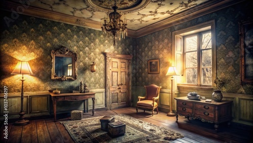 Vintage Style Photography of a Mysterious Room with Damaged Wallpaper and Hidden Secrets