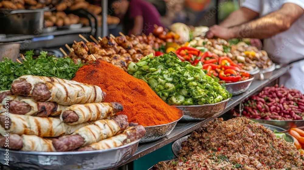 Fototapeta premium Turkish bazaar with street vendors selling fresh kebabs, vibrant spices and traditional Turkish delights in a busy marketplace, Turkey street food, cultural richness