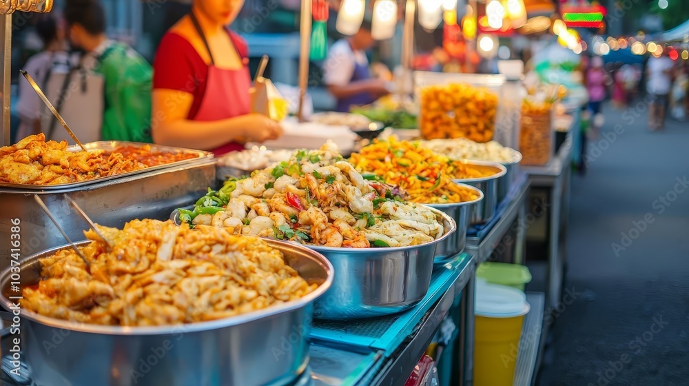 Vibrant night market in Bangkok, bustling food stalls serving traditional Thai street food under colorful neon lights, Bangkok street food, authentic local culture Vibrant night market in Bangkok, bustling food stalls serving traditional Thai street food under colorful neon lights, Bangkok street food, authentic local culture