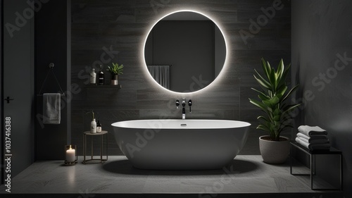 a modern bathroom with a grey color palette. The walls and floor are clad in sleek gray tiles, creating a sophisticated and minimalist aesthetic.