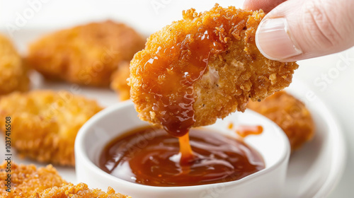 Close-Up of Crispy Chicken Nugget Being Dipped in Tangy Barbecue Sauce on White Plate
