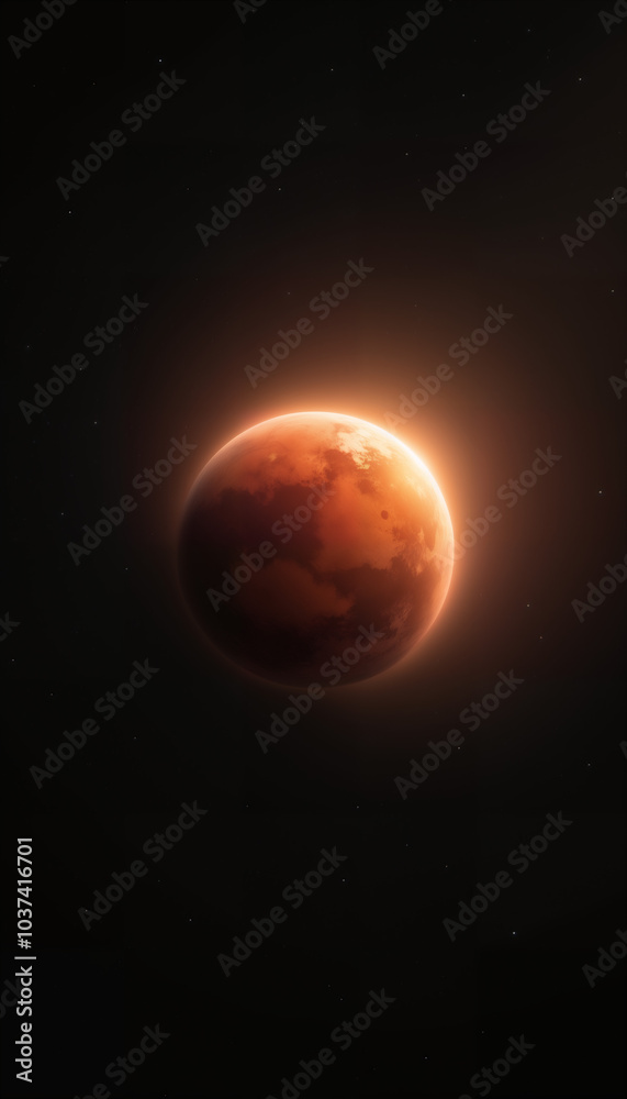 Naklejka premium A stunning view of Mars illuminated by a distant sun, showcasing its reddish surface and atmospheric details. Perfect for space-themed projects, educational materials, or sci-fi illustrations