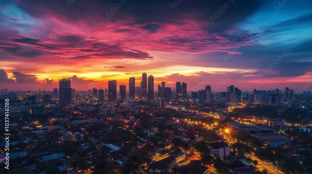 Obraz premium Vibrant Cityscape at Sunset with Dramatic Cloud Patterns