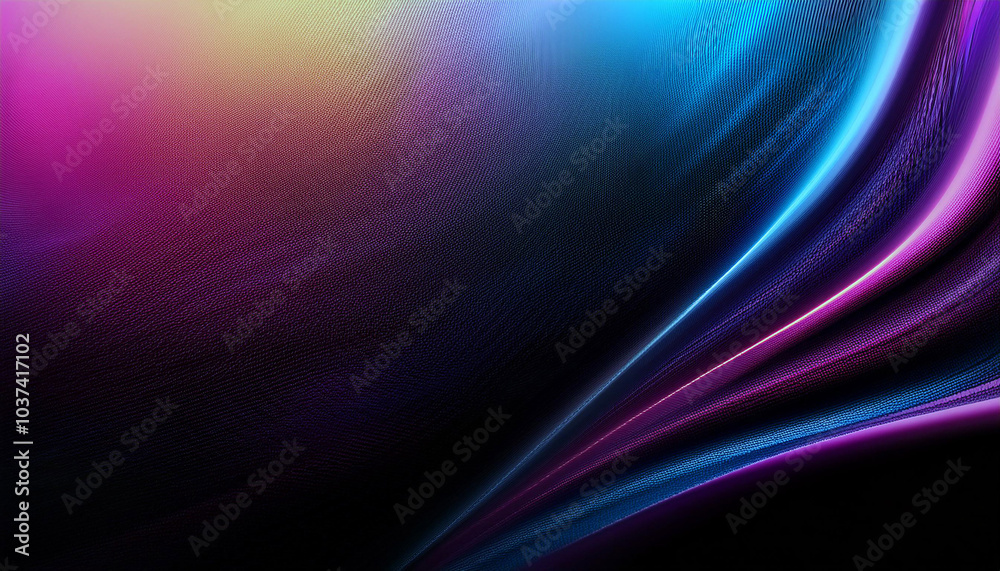 Naklejka premium Abstract art; vibrant blue, purple, pink neon waves flow across a dark background. No visible objects, creating a mysterious, energetic atmosphere. Digital art style.