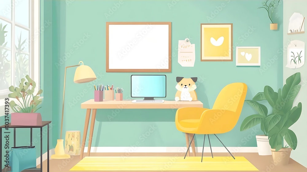 Home Office Desk with Yellow Chair and Green Walls Home Office Desk with Yellow Chair and Green Walls