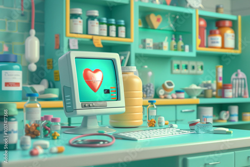 A vibrant, cartoon-style medical office featuring a heart monitor, medicine bottles, pills, and medical equipment, creating a playful and futuristic healthcare environment.

