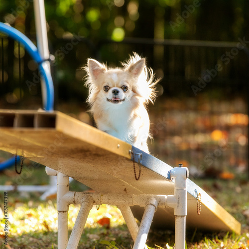 Long Hair Chihuahua on agility teeter