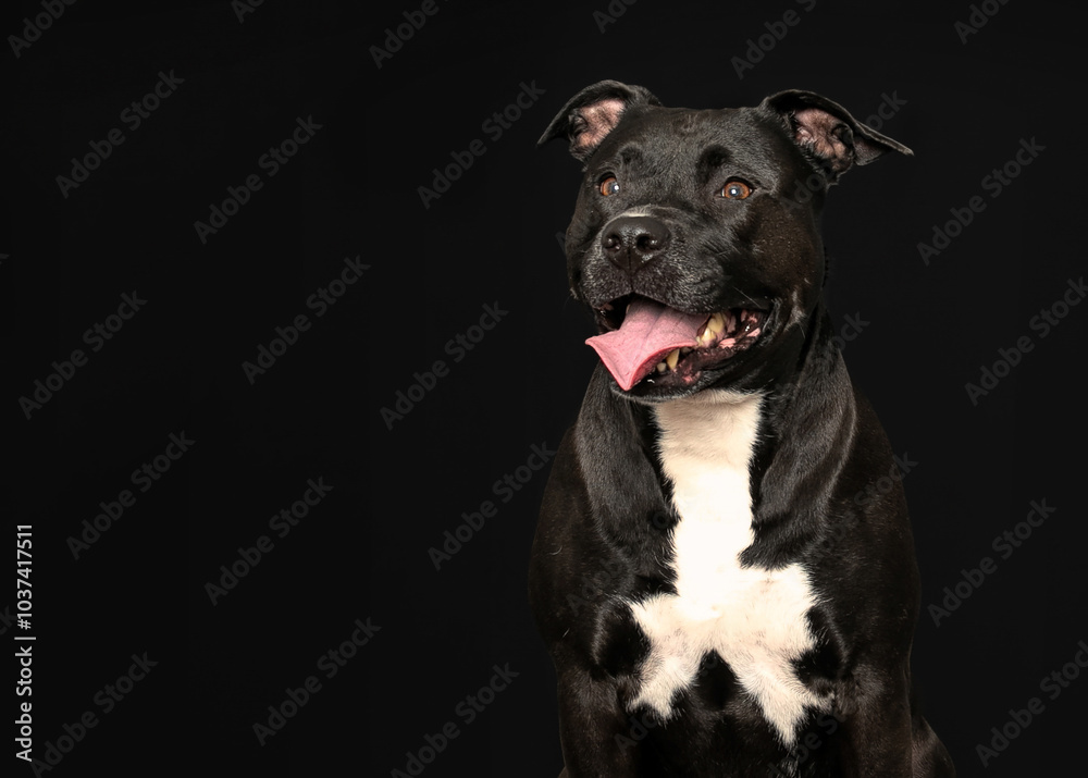 Headshot of black pit mix dog looking to the left Headshot of black pit mix dog looking to the left