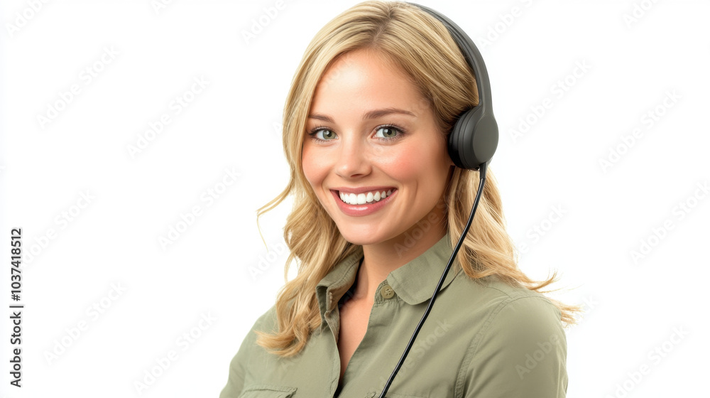Friendly customer support representative wearing headset, smiling confidently against white background. This conveys professionalism and approachability in service environment