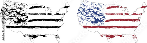 Set of 2 version flags on the map of the United States of America . Map of USA. Borders of the USA. USA silhouette.