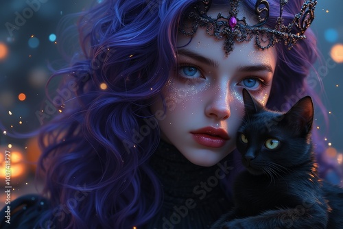 Enchanting witch with glowing pumpkin and mystical black cat in a whimsical and magical fantasy world. photo