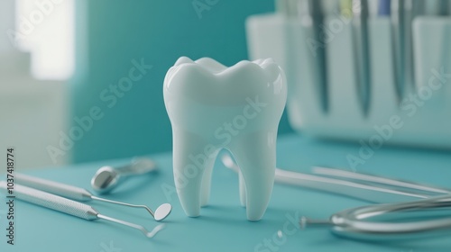 Close-up of a white tooth model and stainless dental tools on a blue backdrop, showing detail and cleanliness