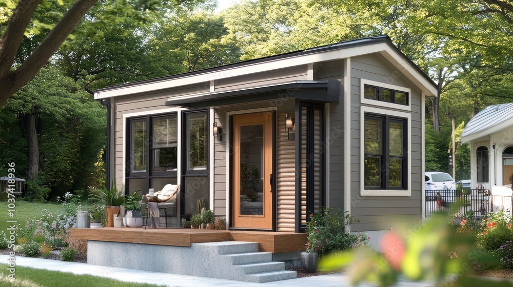 Modern Tiny House with Porch and Green Trees Modern Tiny House with Porch and Green Trees