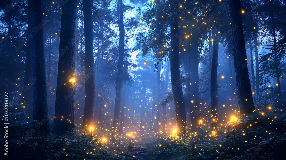 Naklejka premium A mystical forest at dusk, with fireflies lighting up the surroundings like stars.