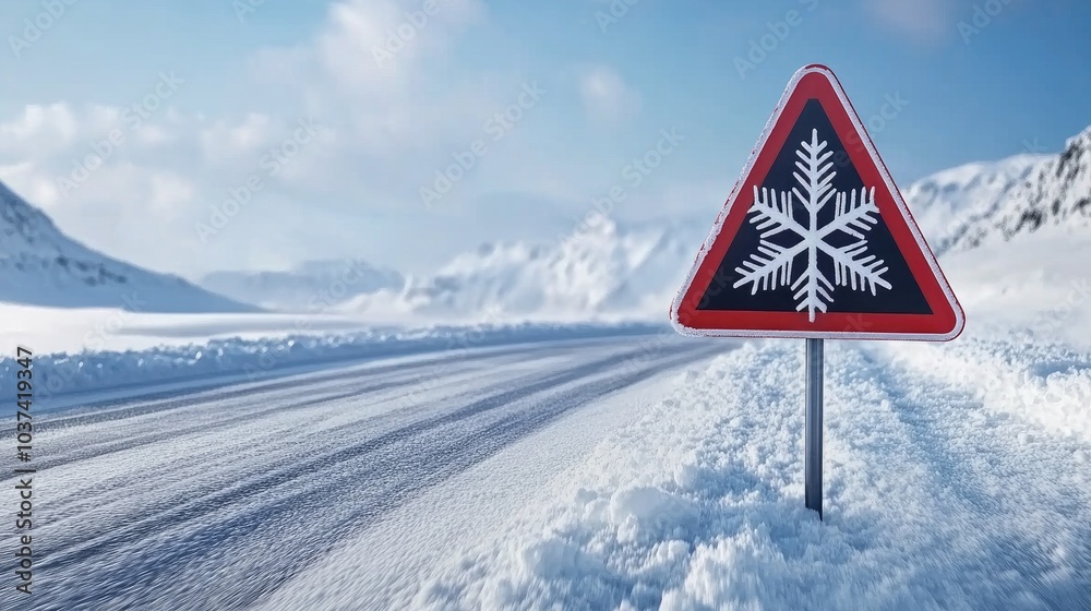 Heavy snowfall blankets the road as a snowflake sign illuminates the frigid night, inviting caution and wonder Heavy snowfall blankets the road as a snowflake sign illuminates the frigid night, inviting caution and wonder