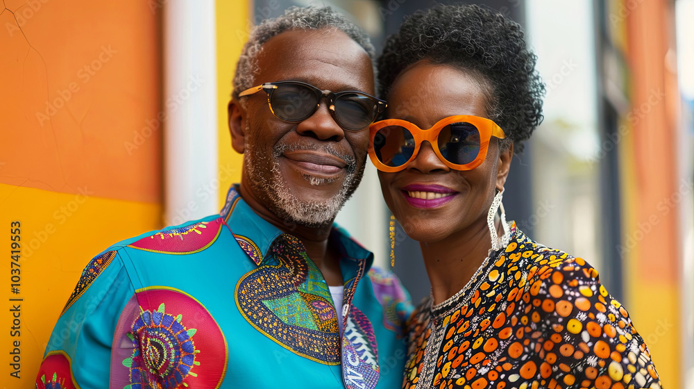 Sunny vibes and bold colors radiate from this stylish couple, celebrating life and fashion with infectious joy. Perfect capture of modern elegance and timeless confidence. Generated AI Sunny vibes and bold colors radiate from this stylish couple, celebrating life and fashion with infectious joy. Perfect capture of modern elegance and timeless confidence. Generated AI