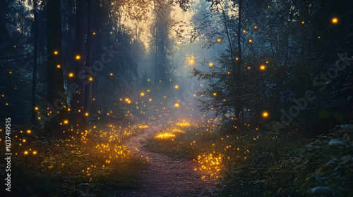 A mystical forest at dusk, with fireflies lighting up the surroundings like stars.