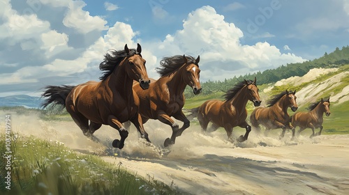 Horses running freely in natural landscape.