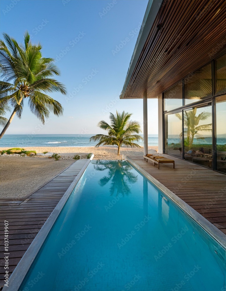 Fototapeta premium Architecture of a beach house with a pool, interior view - directly by the sea, with palm trees and coconuts - modern and with glass.