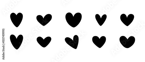 Set of black hearts, stylized hearts of different shapes on a white background. Hearts for Valentine's Day. Vector illustration. Love romance and wedding symbols