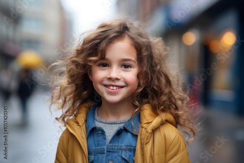 portrait of a beautiful little girl with curly hair in the city