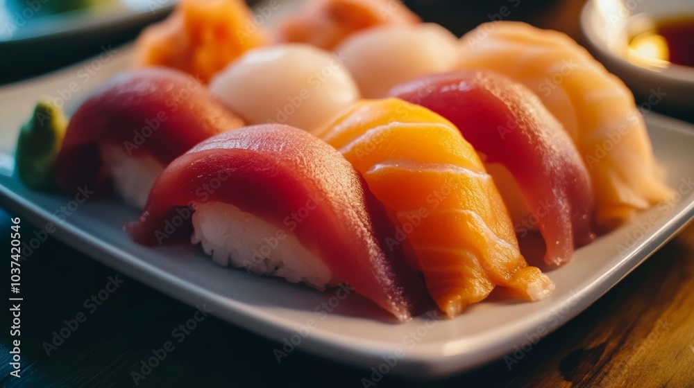 A mouthwatering plate of sushi nigiri showcasing tuna, salmon, and yellowtail A mouthwatering plate of sushi nigiri showcasing tuna, salmon, and yellowtail