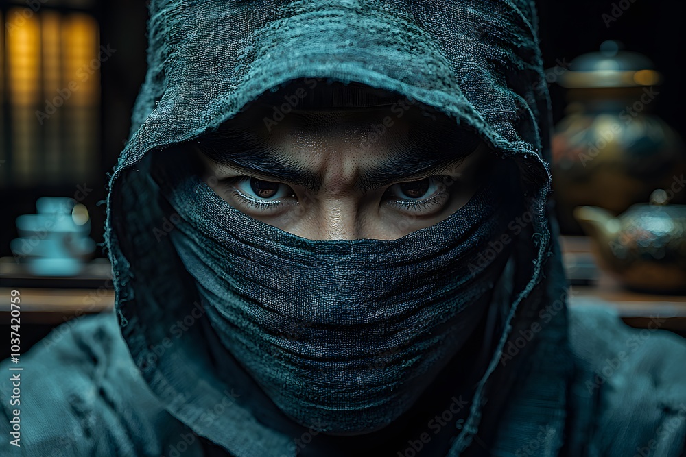 Mysterious hooded figure with intense eyes in low light setting Mysterious hooded figure with intense eyes in low light setting