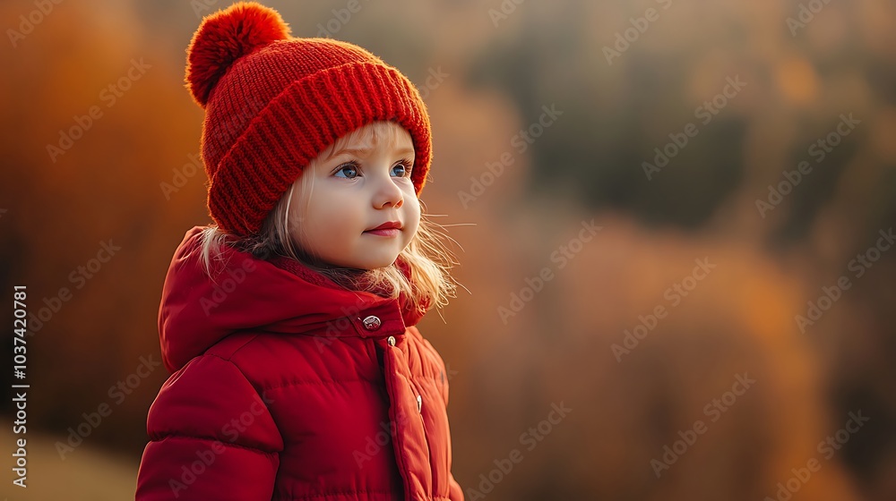 A portrait of a little girl wearing a bright red hat and coat, standing on a hill with autumn trees in the distance. A portrait of a little girl wearing a bright red hat and coat, standing on a hill with autumn trees in the distance.