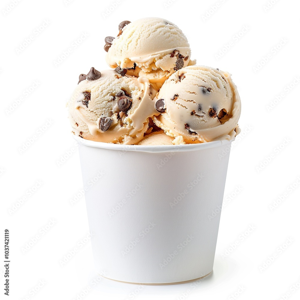 One white paper glass of decor Chocolate Chip Cookie Dough ice cream scoops isolated on a white background One white paper glass of decor Chocolate Chip Cookie Dough ice cream scoops isolated on a white background