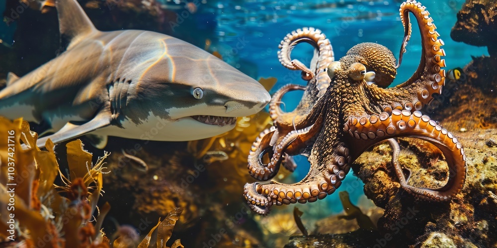 Fototapeta premium Shark vs octopus in an underwater battle 