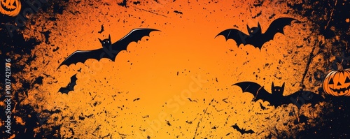 Spooky comic-style Halloween background featuring bats, pumpkins and ghosts on a vibrant orange splattered backdrop photo