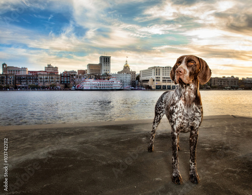 German Shorthair pointer standing in from of savannah ga river street
