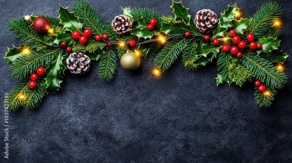 A vibrant arrangement of greenery, berries, and ornaments creating a festive atmosphere A vibrant arrangement of greenery, berries, and ornaments creating a festive atmosphere