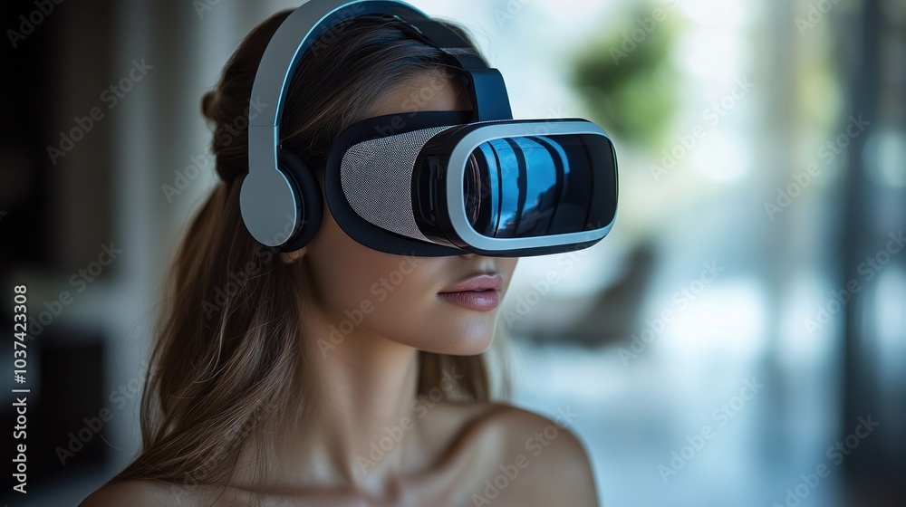 A woman experiences the wonders of virtual reality while enjoying her surroundings A woman experiences the wonders of virtual reality while enjoying her surroundings