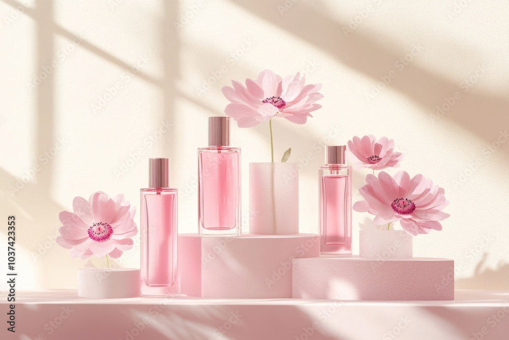 Elegant pink floral perfume display with minimalist design and soft shadows Elegant pink floral perfume display with minimalist design and soft shadows