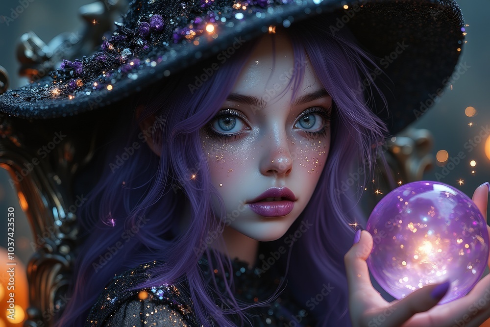 Enchanting Halloween witch with glowing purple eyes and her mysterious black cat companion in a magical forest setting. Perfect for spooky season and fantasy-themed designs. Enchanting Halloween witch with glowing purple eyes and her mysterious black cat companion in a magical forest setting. Perfect for spooky season and fantasy-themed designs.