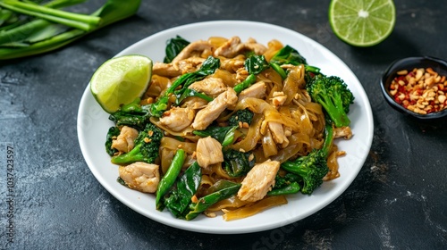 A mouthwatering plate of Thai pad see ew, stir-fried wide rice noodles with chicken, Chinese broccoli