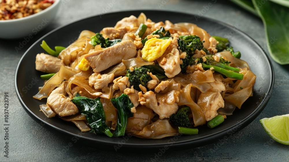 A mouthwatering plate of Thai pad see ew, stir-fried wide rice noodles with chicken, Chinese broccoli A mouthwatering plate of Thai pad see ew, stir-fried wide rice noodles with chicken, Chinese broccoli