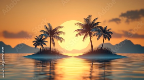 Golden sun sets behind gentle waves, creating a peaceful atmosphere with palm silhouettes