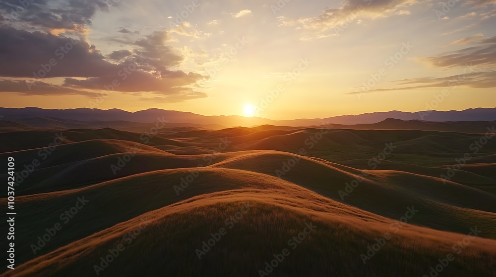 A sunset over rolling hills, casting long shadows across the landscape. A sunset over rolling hills, casting long shadows across the landscape.