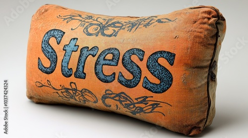 A charming pillow emblazoned with the word 'stress' brings a touch of humor to any space photo