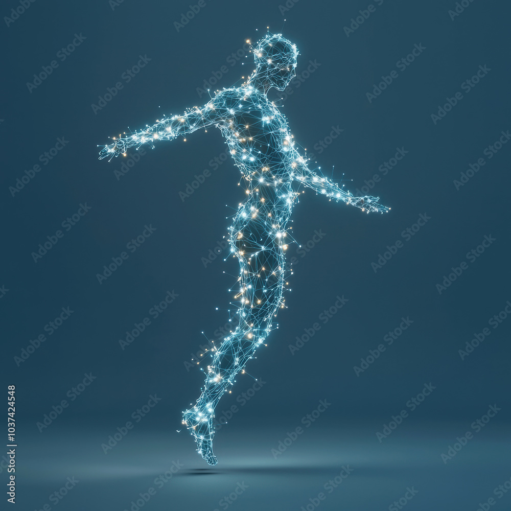 glowing human figure made of interconnected lines and lights, representing digital or futuristic concept. ethereal appearance evokes sense of wonder and innovation glowing human figure made of interconnected lines and lights, representing digital or futuristic concept. ethereal appearance evokes sense of wonder and innovation