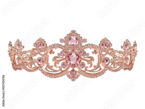 Rose Gold Crown with Pink Ornate Accents and Floral Design PNG isolated on transparent background, white background