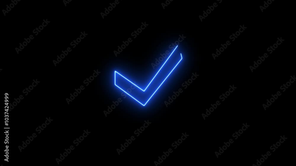 Neon tick mark icon animation glowing neon check mark and tick animated sign symbol on black background. Neon tick mark icon animation glowing neon check mark and tick animated sign symbol on black background.